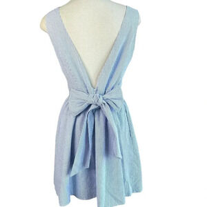 Lauren James Emerson Blue Seersucker Deep Back V Bow Waist Dress Size Large